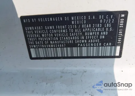 2022 Volkswagen Jetta Gli Autobahn из США, поврежденный, VIN 3VW2T7BU3NM024867